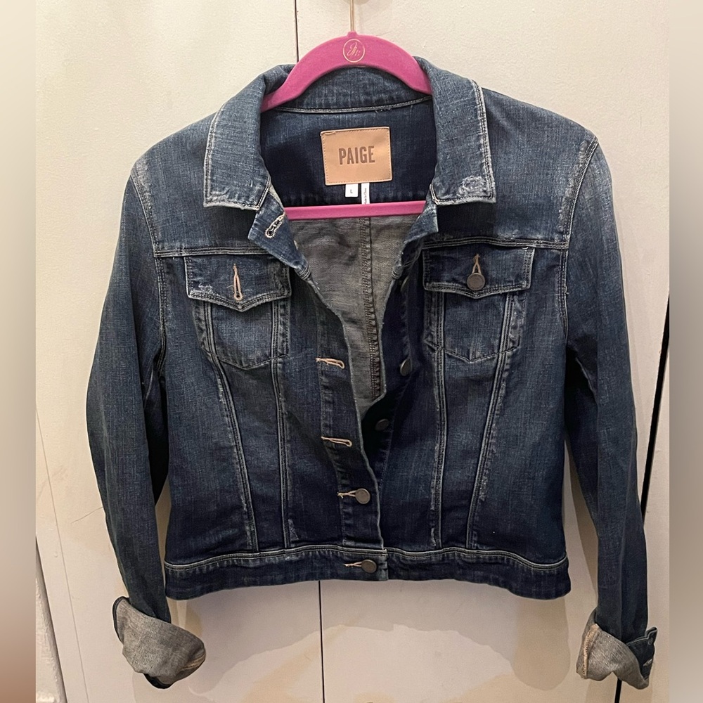 Like New! $295 PAIGE distressed denim jacket.Size Large- great wash